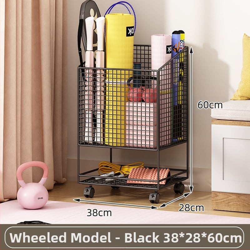 Jógamatrac tároló kosár kerékkel, fém kettős rétegű kivitel, nagy kapacitású edzőfelszereléshez