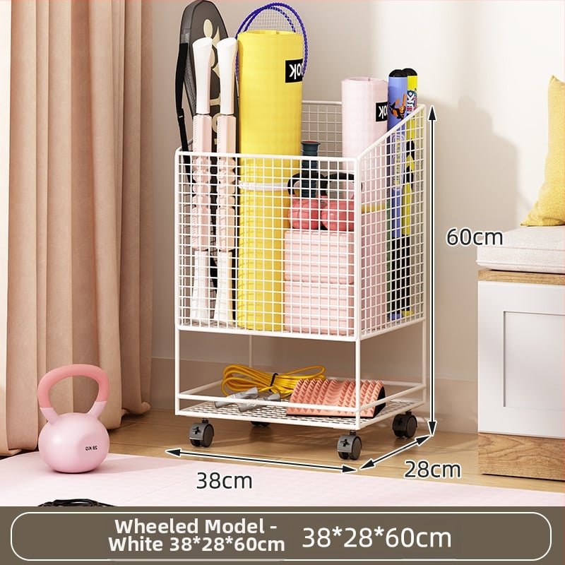 Jógamatrac tároló kosár kerékkel, fém kettős rétegű kivitel, nagy kapacitású edzőfelszereléshez