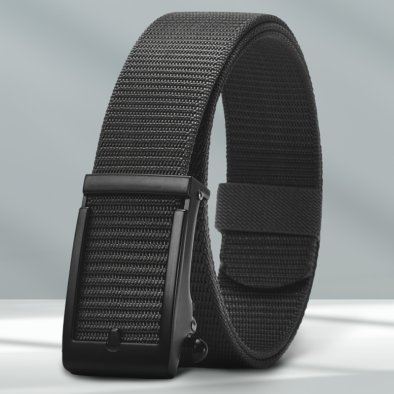 Vyrinis ratchet diržas iš megzto nailono, lydinio sagtis, plonas dizainas, plotis mažiau nei 2 cm, 2025 m. pavasario leidimas