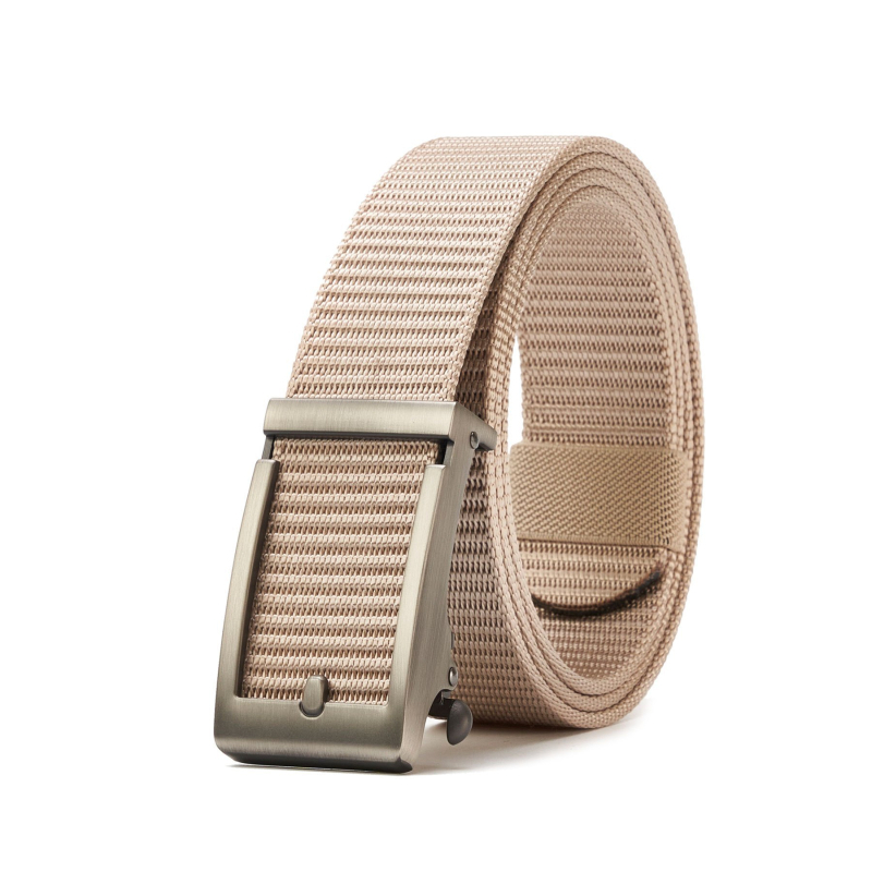 Vyrinis ratchet diržas iš megzto nailono, lydinio sagtis, plonas dizainas, plotis mažiau nei 2 cm, 2025 m. pavasario leidimas