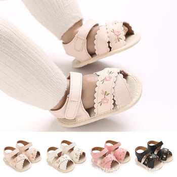 Detské sandále s výšivkou, PU horný materiál, textilná podrážka, stielka a vnútro z textilu, zapínanie na suchý zips, otvorený prst, pre 6–12 mesiacov, jar 2025 vydanie