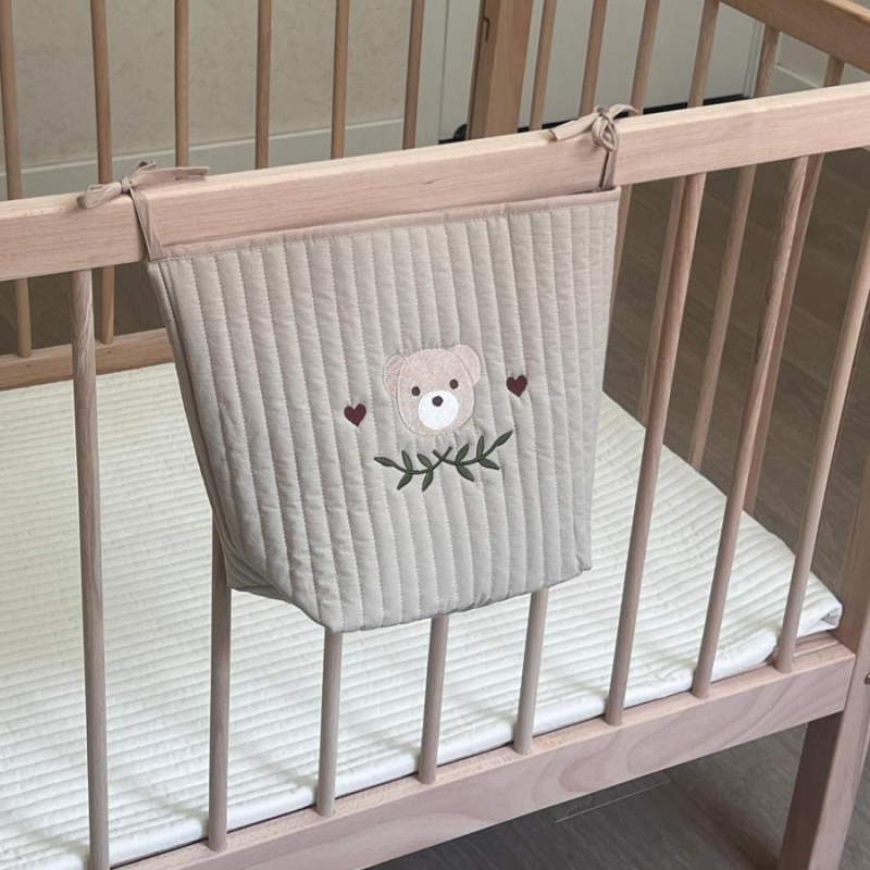 Κρεμαστή τσάντα για βρεφικό κρεβάτι με μοτίβο αρκουδάκι, βαμβάκι, πολυλειτουργική αποθήκευση για πάνες, μαντηλάκια, μπουκάλι και παιχνίδια, κορεατικό στυλ