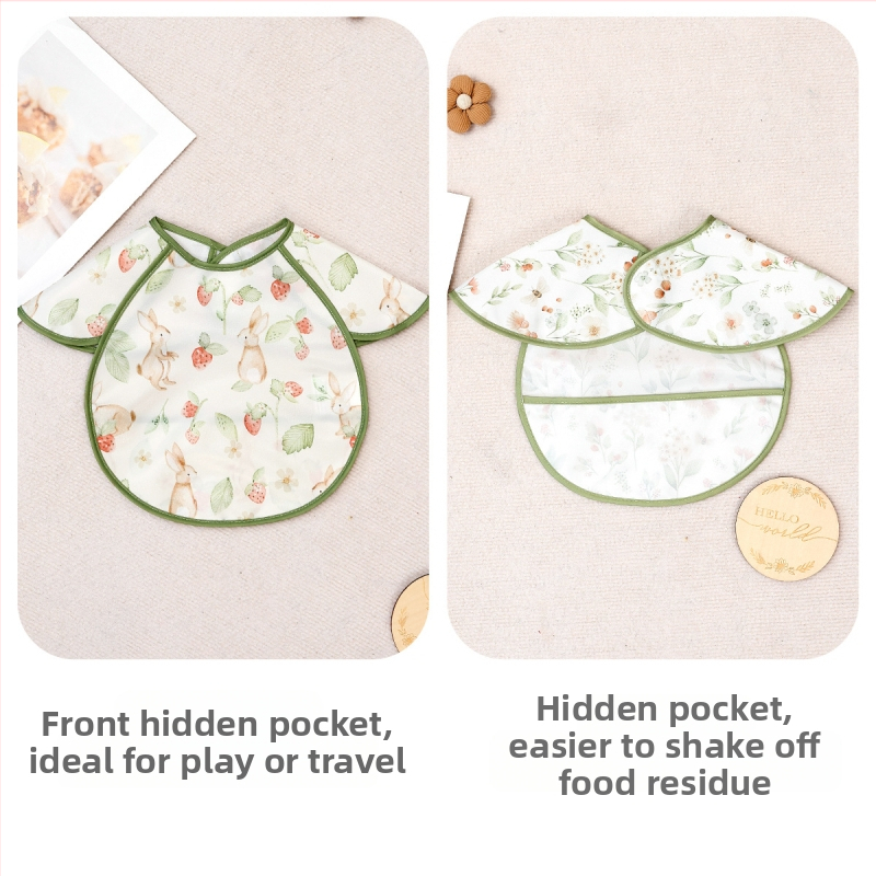 Детски водоустойчив лигавник за хранене с джоб и карикатурен принт, полиестер