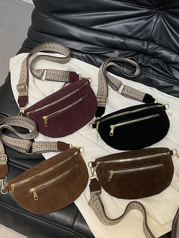 Crossbody τσάντα από σουέτ με φερμουάρ, θήκη για κινητό, επένδυση πολυεστέρα