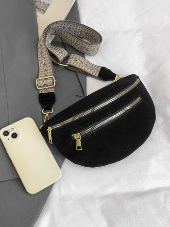 Crossbody τσάντα από σουέτ με φερμουάρ, θήκη για κινητό, επένδυση πολυεστέρα