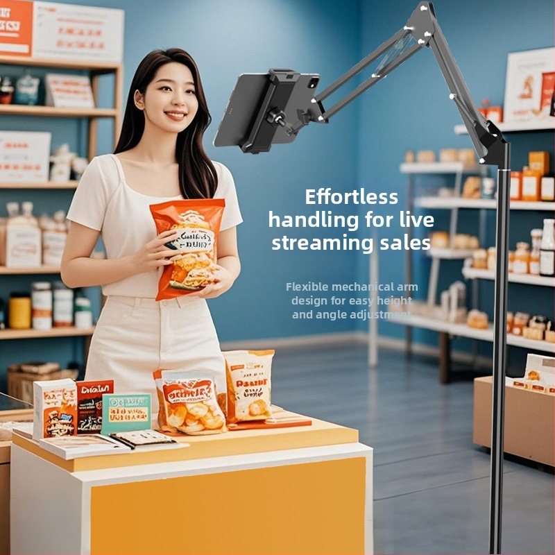 Grīdas statīvs mobilo tālruņu un planšetdatoru turēšanai ar teleskopisku roku, alumīnija sakausējuma konstrukcija, piemērots straumēšanai pie gultas