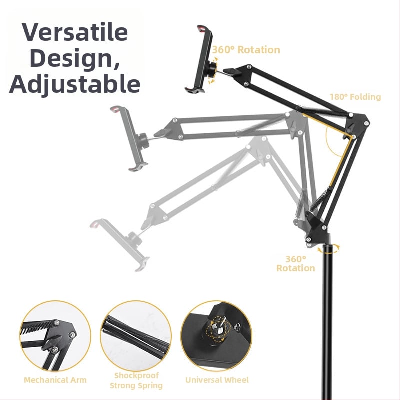 Grīdas statīvs mobilo tālruņu un planšetdatoru turēšanai ar teleskopisku roku, alumīnija sakausējuma konstrukcija, piemērots straumēšanai pie gultas