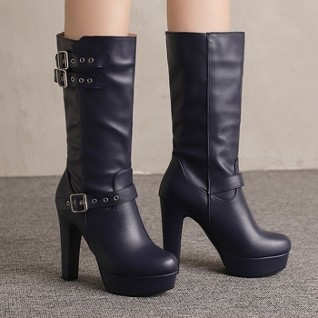 Ženské Martin topánky – európsko-americký štýl, PU vrchný materiál, gumová podrážka, stredný lýtko, masívny ultra-high podpätok, natiahnuteľné