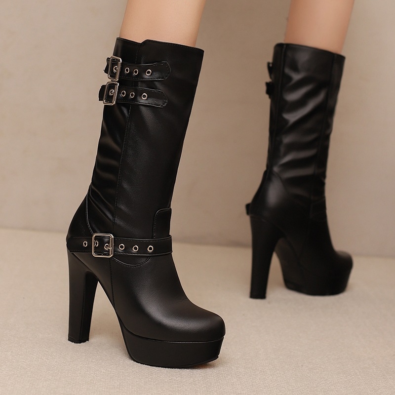 Ženské Martin topánky – európsko-americký štýl, PU vrchný materiál, gumová podrážka, stredný lýtko, masívny ultra-high podpätok, natiahnuteľné