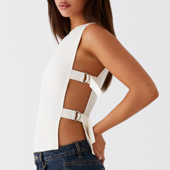 Bez piedurknēm top ar laivu kaklu, kokvilnas-līna audums, pieguļošs griezums, 2023 vasara