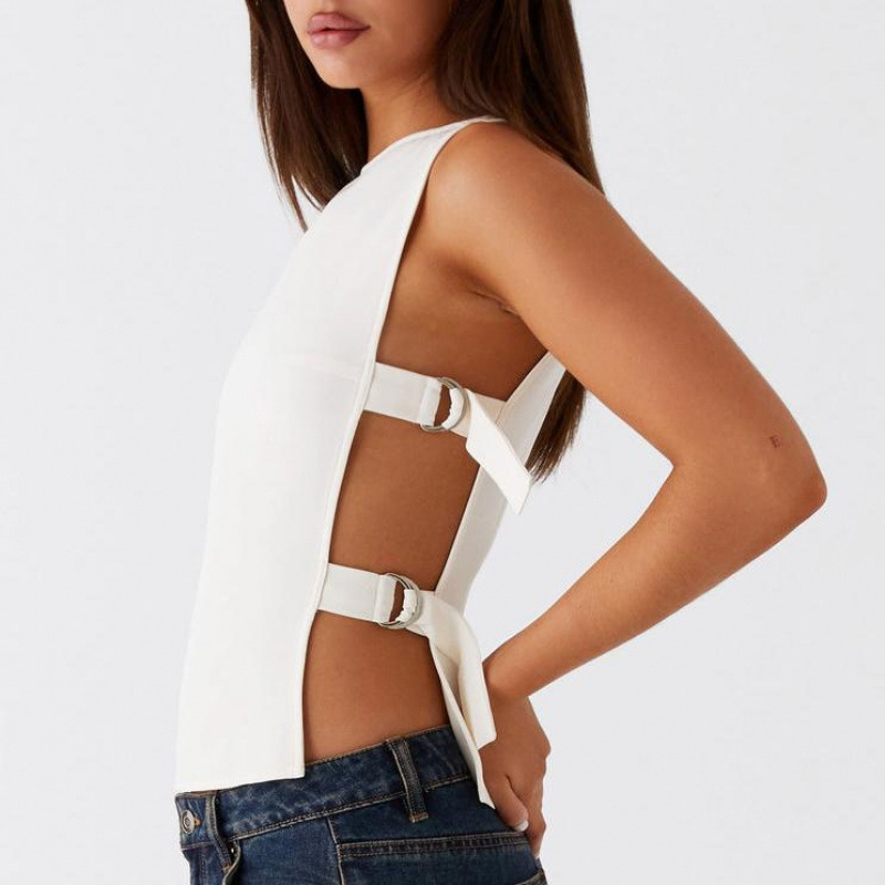 Bez piedurknēm top ar laivu kaklu, kokvilnas-līna audums, pieguļošs griezums, 2023 vasara