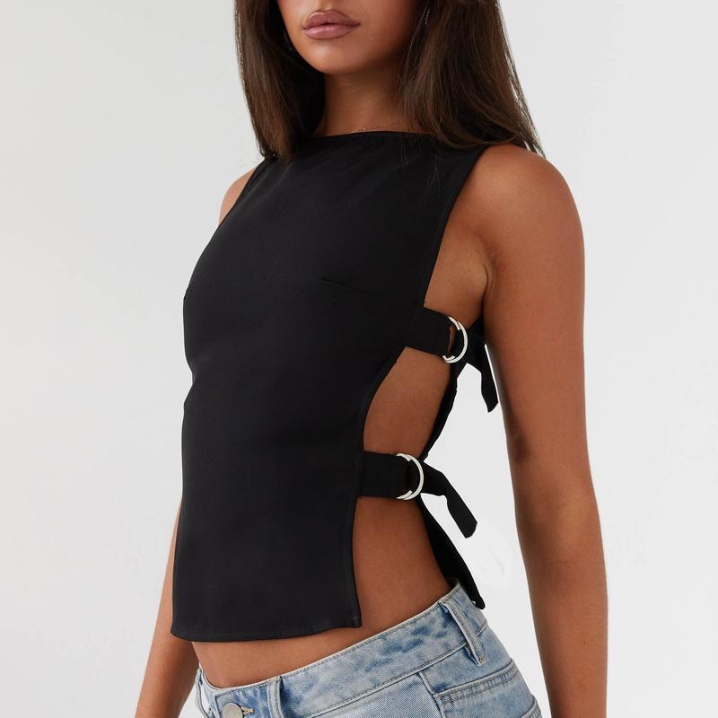 Bez piedurknēm top ar laivu kaklu, kokvilnas-līna audums, pieguļošs griezums, 2023 vasara