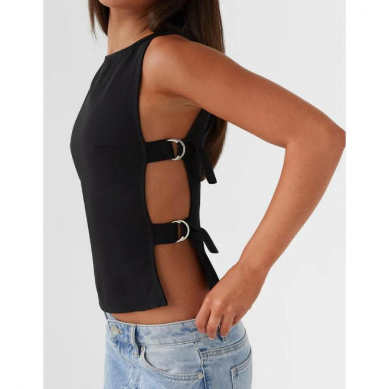 Bez piedurknēm top ar laivu kaklu, kokvilnas-līna audums, pieguļošs griezums, 2023 vasara