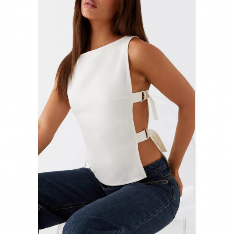 Bez piedurknēm top ar laivu kaklu, kokvilnas-līna audums, pieguļošs griezums, 2023 vasara