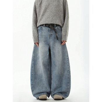 Τζιν με χαλαρή εφαρμογή, φαρδιά γραμμή από ντένιμ, επένδυση φλίς, κλείσιμο με κορδόνι, διπλή ζώνη, street style, για τέσσερις εποχές