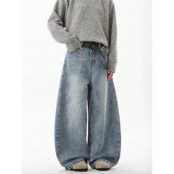 Τζιν με χαλαρή εφαρμογή, φαρδιά γραμμή από ντένιμ, επένδυση φλίς, κλείσιμο με κορδόνι, διπλή ζώνη, street style, για τέσσερις εποχές