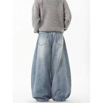 Τζιν με χαλαρή εφαρμογή, φαρδιά γραμμή από ντένιμ, επένδυση φλίς, κλείσιμο με κορδόνι, διπλή ζώνη, street style, για τέσσερις εποχές