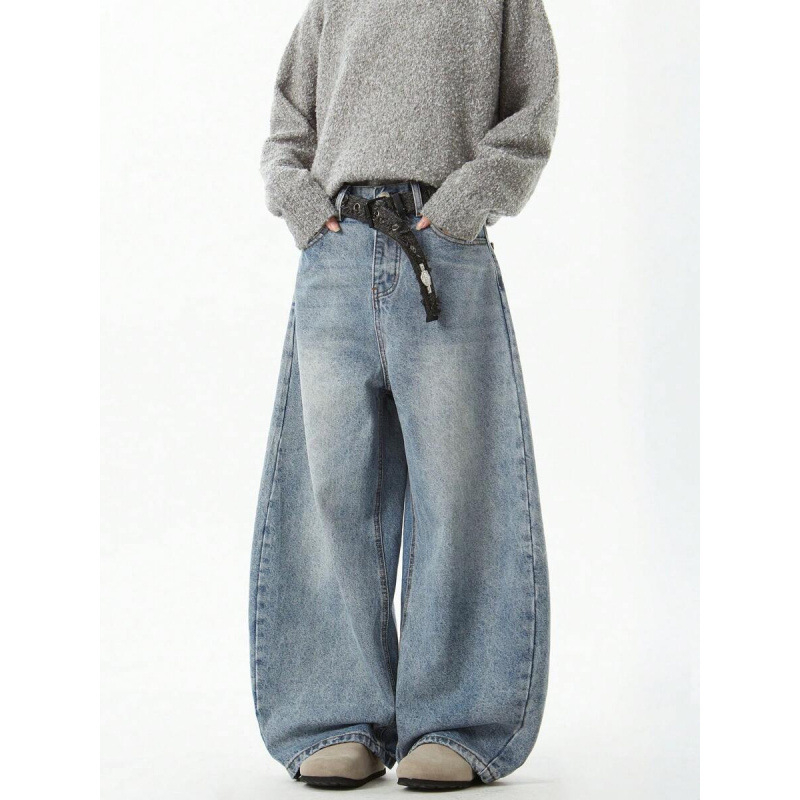 Τζιν με χαλαρή εφαρμογή, φαρδιά γραμμή από ντένιμ, επένδυση φλίς, κλείσιμο με κορδόνι, διπλή ζώνη, street style, για τέσσερις εποχές