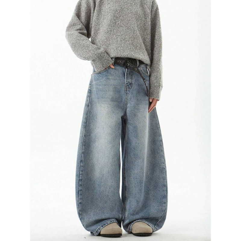 Τζιν με χαλαρή εφαρμογή, φαρδιά γραμμή από ντένιμ, επένδυση φλίς, κλείσιμο με κορδόνι, διπλή ζώνη, street style, για τέσσερις εποχές
