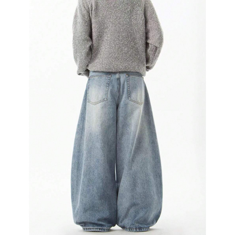 Τζιν με χαλαρή εφαρμογή, φαρδιά γραμμή από ντένιμ, επένδυση φλίς, κλείσιμο με κορδόνι, διπλή ζώνη, street style, για τέσσερις εποχές