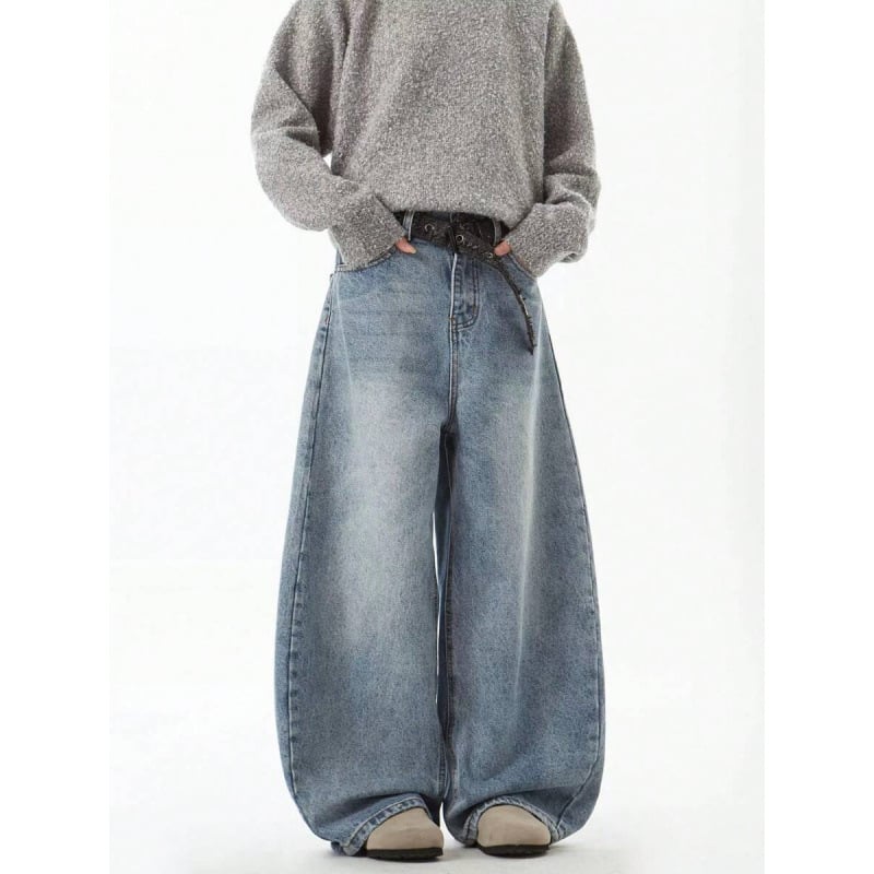 Τζιν με χαλαρή εφαρμογή, φαρδιά γραμμή από ντένιμ, επένδυση φλίς, κλείσιμο με κορδόνι, διπλή ζώνη, street style, για τέσσερις εποχές