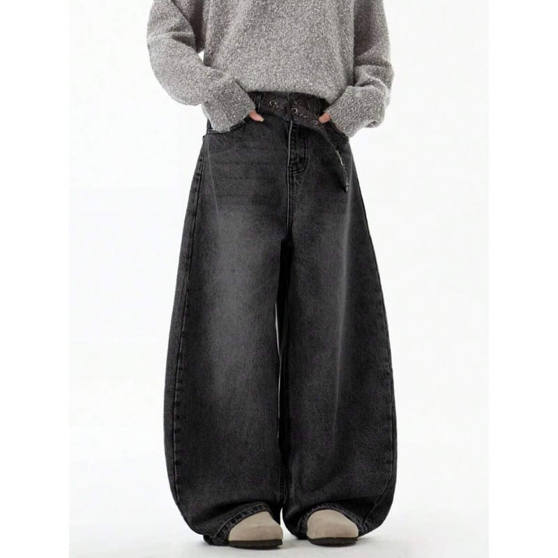Τζιν με χαλαρή εφαρμογή, φαρδιά γραμμή από ντένιμ, επένδυση φλίς, κλείσιμο με κορδόνι, διπλή ζώνη, street style, για τέσσερις εποχές