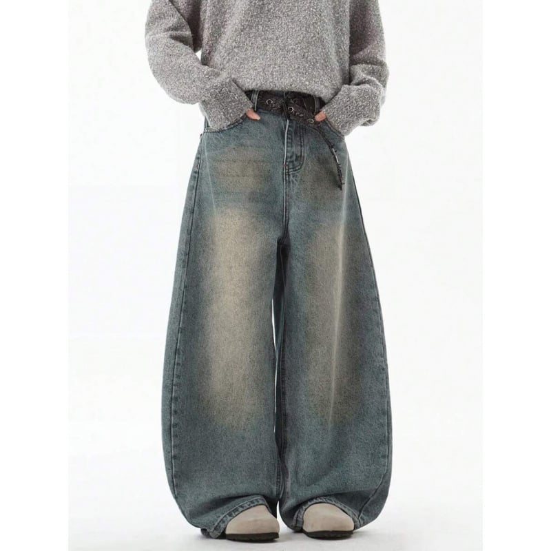 Τζιν με χαλαρή εφαρμογή, φαρδιά γραμμή από ντένιμ, επένδυση φλίς, κλείσιμο με κορδόνι, διπλή ζώνη, street style, για τέσσερις εποχές