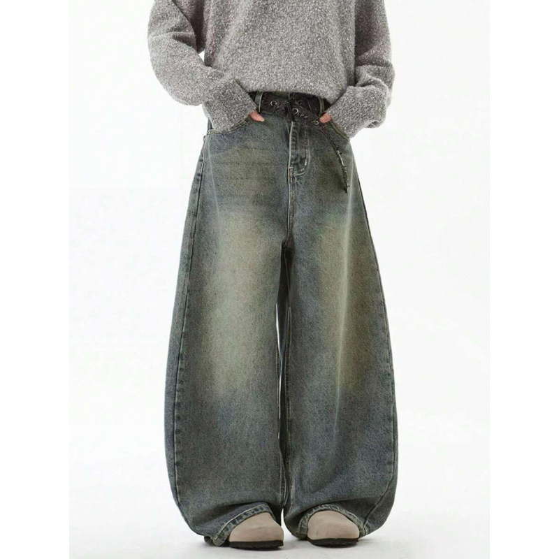 Τζιν με χαλαρή εφαρμογή, φαρδιά γραμμή από ντένιμ, επένδυση φλίς, κλείσιμο με κορδόνι, διπλή ζώνη, street style, για τέσσερις εποχές