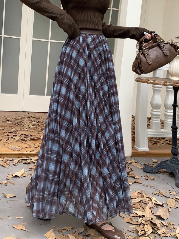 Rūtīga svārki britu stilā, midi garums, A līnija, sietveidīgs audums, 90–95% poliestera