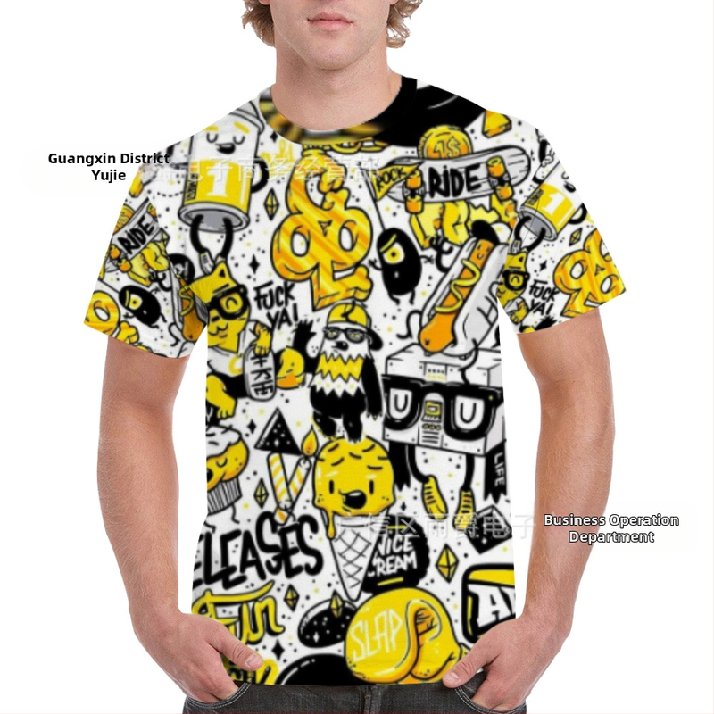 Vīriešu īsām piedurknēm Raglāna T-krekls, brīvs piegriezums, 3D graffiti apdruka, materiāls: poliesters ar milk-silk efektu