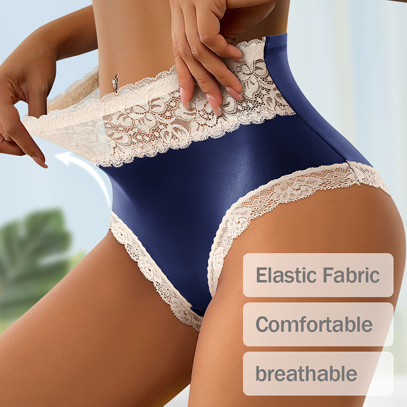 Sieviešu biksītes ar augstu vidukli, glancēts satīns, mežģīņu apdare, formējošas, sēžam pacelts, kokvilnas starpsiena