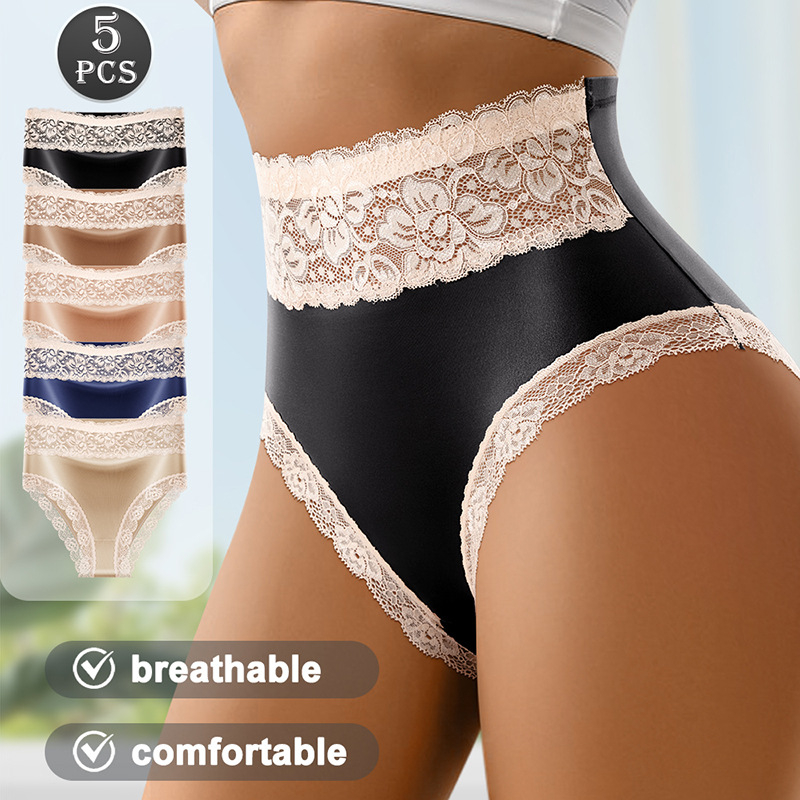 Sieviešu biksītes ar augstu vidukli, glancēts satīns, mežģīņu apdare, formējošas, sēžam pacelts, kokvilnas starpsiena