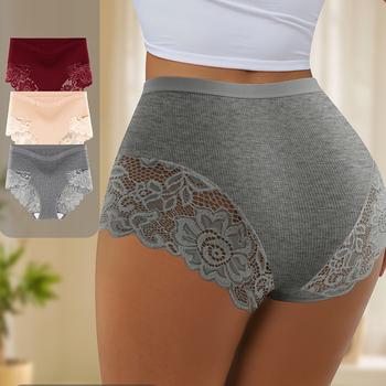Γυναικεία βαμβακερά σλιπ με δαντελένιο τελείωμα, μεσαία μέση, αναπνοή, ανύψωση γλουτών, φλοραλ σχέδιο, 90–95% βαμβάκι