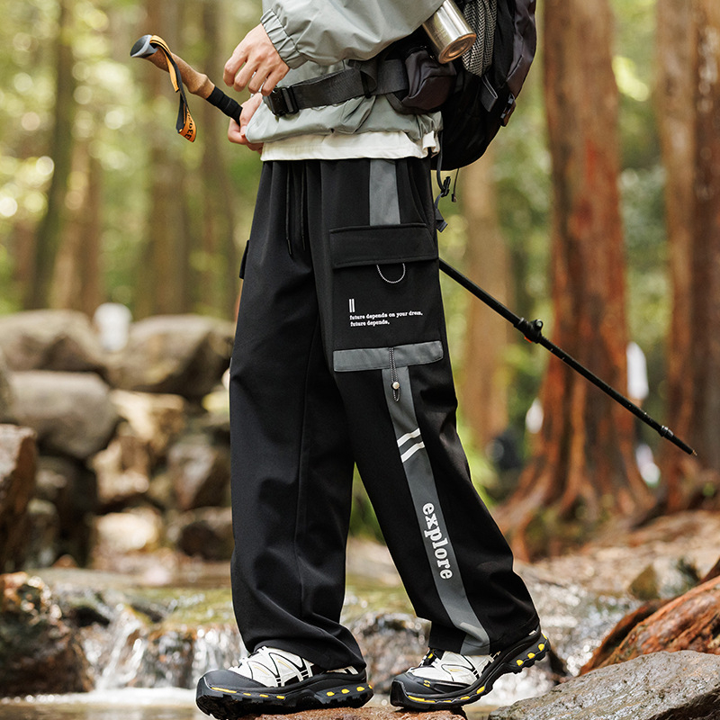 Vīriešu ikdienas darbinieku bikses ar sānu svītru, taisa piegriezuma, 100% poliesters, elpojošas un vēja izturīgas, piemērotas pavasarim un rudenim