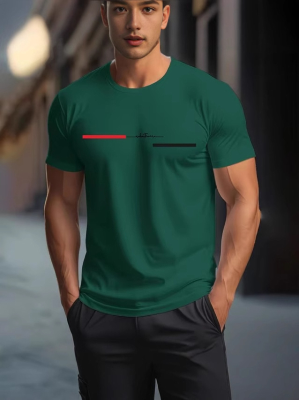 Tricou pentru bărbați cu imprimeu 3D de litere digitale, guler rotund, mâneci scurte, material din poliester cu uscare rapidă, croi lejer