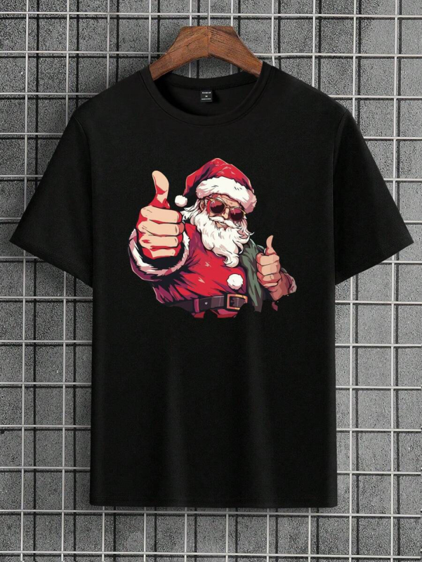 Vīriešu T-krekls ar 3D Ziemassvētku vecīša druku, karikatūru raksts, elpojošs poliestera materiāls, īsas piedurknes, piegriezums – piemērots, ielu hip-hop stils (3D Ziemassvētku vecīša druka; karikatūra; 96%+ poliesters; elpojošs materiāls; 150 g audums)