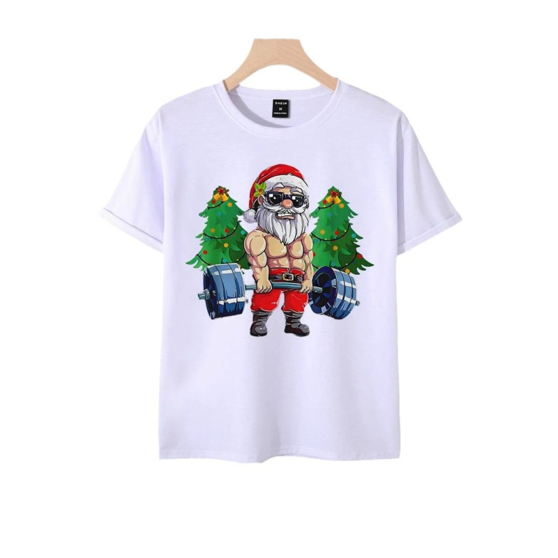 Vīriešu T-krekls ar 3D Ziemassvētku vecīša druku, karikatūru raksts, elpojošs poliestera materiāls, īsas piedurknes, piegriezums – piemērots, ielu hip-hop stils (3D Ziemassvētku vecīša druka; karikatūra; 96%+ poliesters; elpojošs materiāls; 150 g audums)