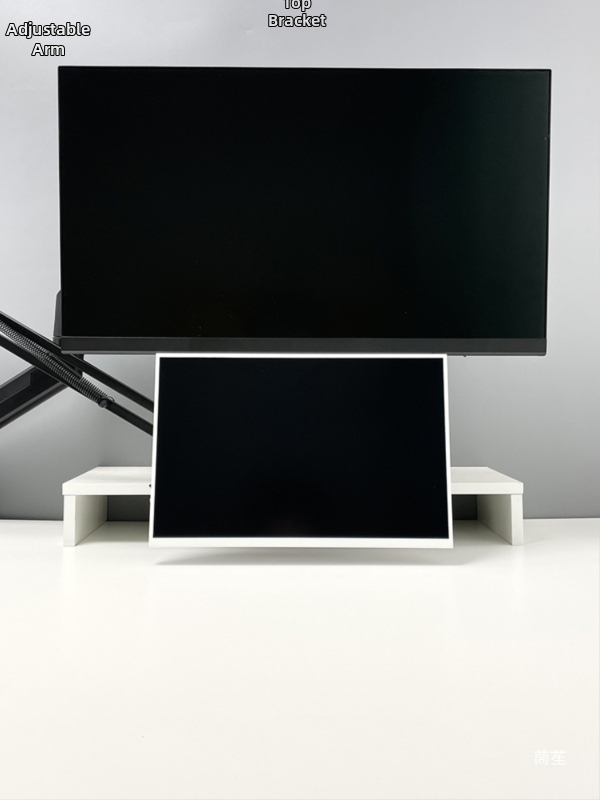 Модел 002 Портативна стойка за монитор с механичен рамен държач и VESA разширение, хоризонтално/вертикално захващане към бюро, метална скоба за десктоп