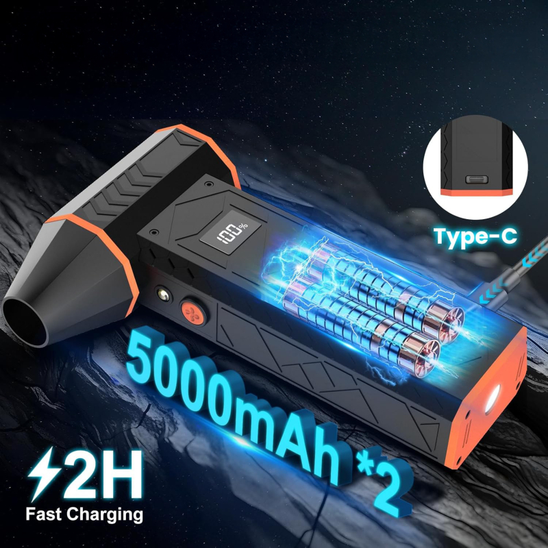 Ръчен преносим електрически турбо вентилатор с безчетков двигател, 6 лопатки, Li-Po батерия 6000mAh, 4 скорости, прахово издухване