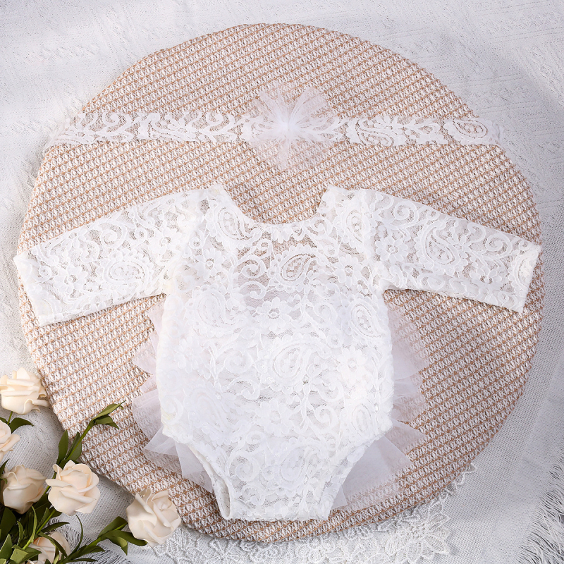 Zīdaiņu romperis ar mežģīnēm un režģa audumu, garas piedurknes, pulover stila, meitenei 0–1 gads