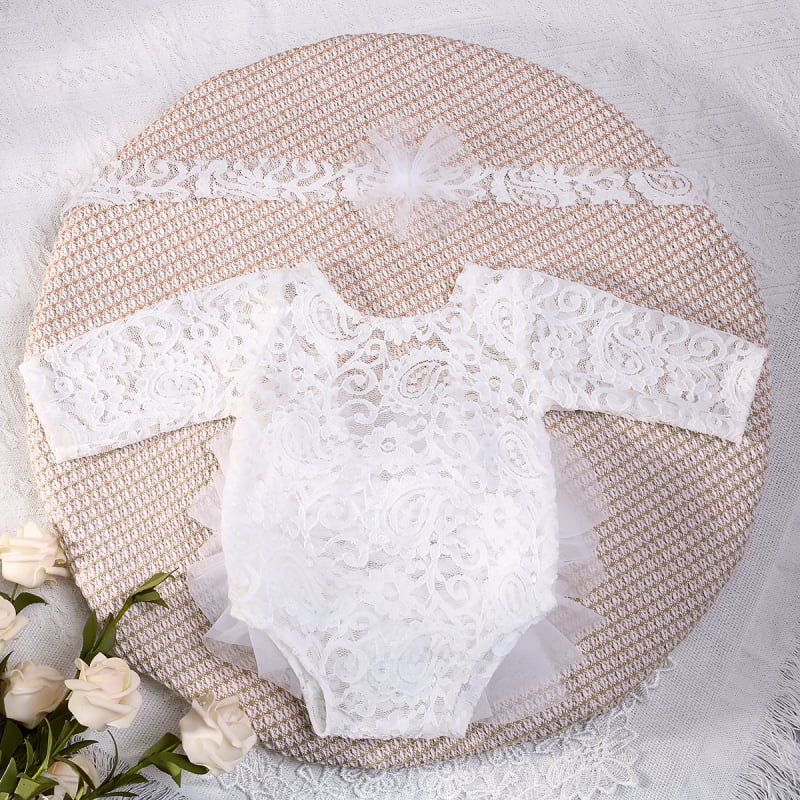 Zīdaiņu romperis ar mežģīnēm un režģa audumu, garas piedurknes, pulover stila, meitenei 0–1 gads