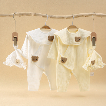 Zīdaiņu kokvilnas gāze romper ar garām piedurknēm, diagonāla aizdare, plāns vasaras modelis