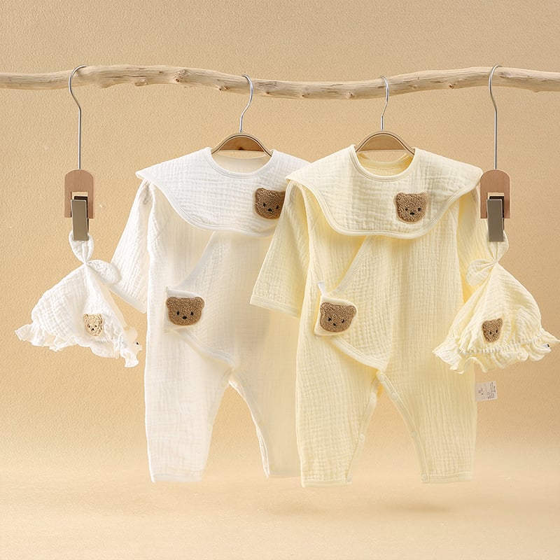 Zīdaiņu kokvilnas gāze romper ar garām piedurknēm, diagonāla aizdare, plāns vasaras modelis