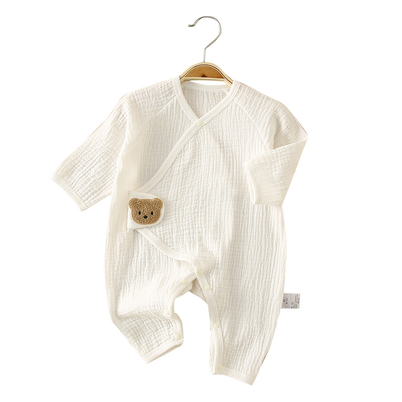 Zīdaiņu kokvilnas gāze romper ar garām piedurknēm, diagonāla aizdare, plāns vasaras modelis