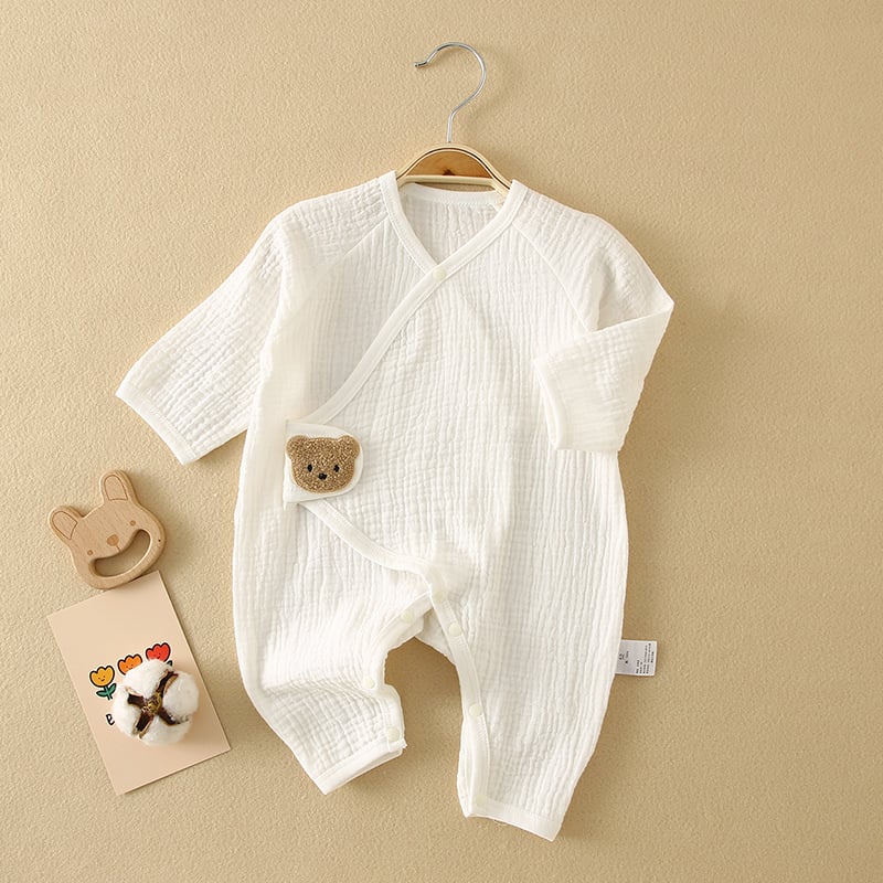 Zīdaiņu kokvilnas gāze romper ar garām piedurknēm, diagonāla aizdare, plāns vasaras modelis