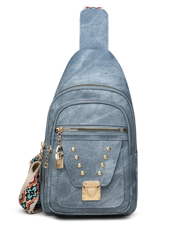 PU kožená chest bag crossbody s kovovými nitmi, viacero priehradok: vrecko na telefón, vrecko na dokumenty, priehradka so zipsom, ANCHI