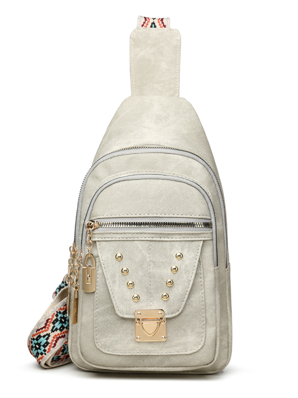 PU kožená chest bag crossbody s kovovými nitmi, viacero priehradok: vrecko na telefón, vrecko na dokumenty, priehradka so zipsom, ANCHI