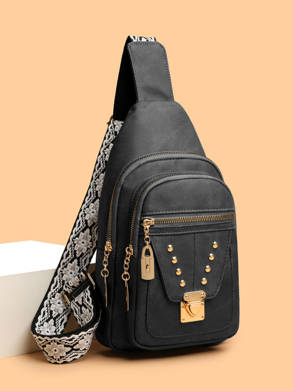 PU kožená chest bag crossbody s kovovými nitmi, viacero priehradok: vrecko na telefón, vrecko na dokumenty, priehradka so zipsom, ANCHI