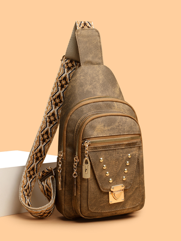 PU kožená chest bag crossbody s kovovými nitmi, viacero priehradok: vrecko na telefón, vrecko na dokumenty, priehradka so zipsom, ANCHI