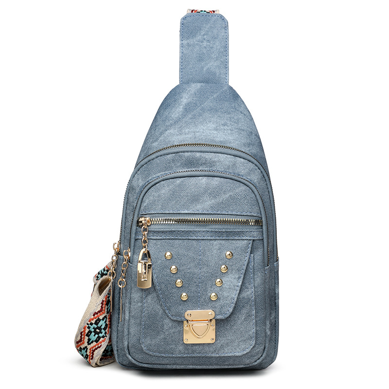 PU kožená chest bag crossbody s kovovými nitmi, viacero priehradok: vrecko na telefón, vrecko na dokumenty, priehradka so zipsom, ANCHI